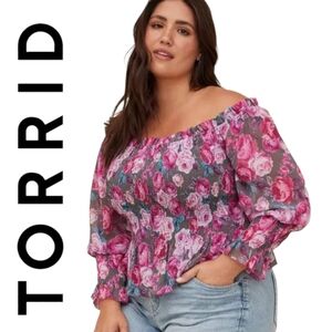 Torrid Crinkle Chiffon Pink Floral Smocked  Off Shoulder Long Sleeve Top 4X